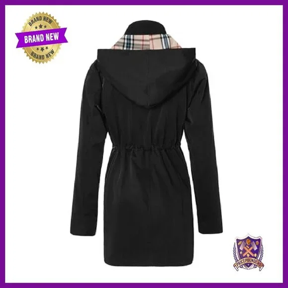 Women's Long Hooded Rain Jacket Water-Resistant Windbreaker Trench Coat - Picture 3 of 7